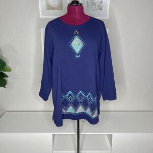 Sabaku Artwear Tunic Top Womens 1X Purple Southwestern Geometric Long Sleeve USA